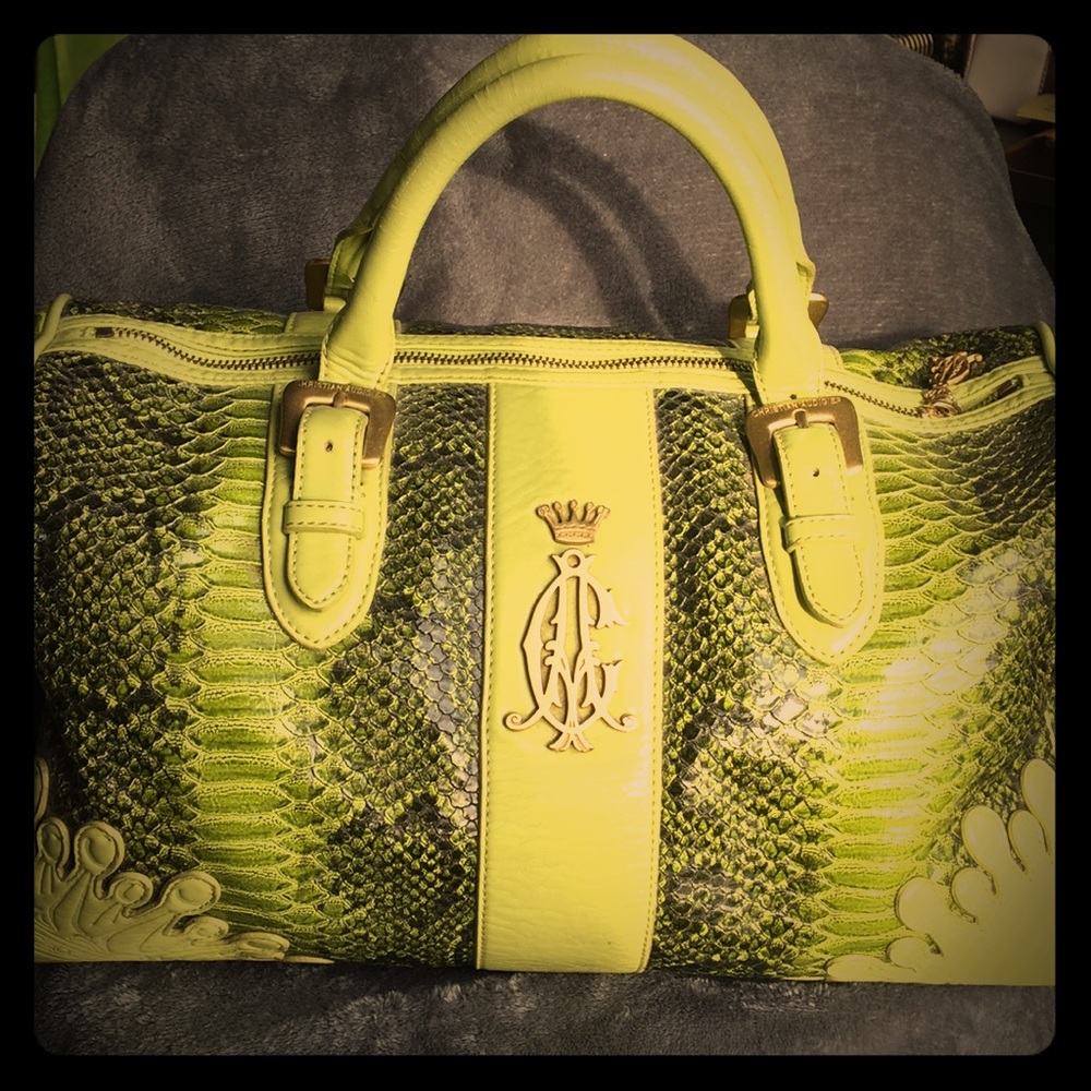 Christian Audigier Lime Green Snakeskin Handbag